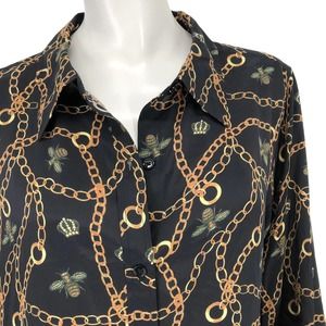DG2 Womens Large Queen Bee Chain Print Shirt Top Blouse Silk Blend Crown L